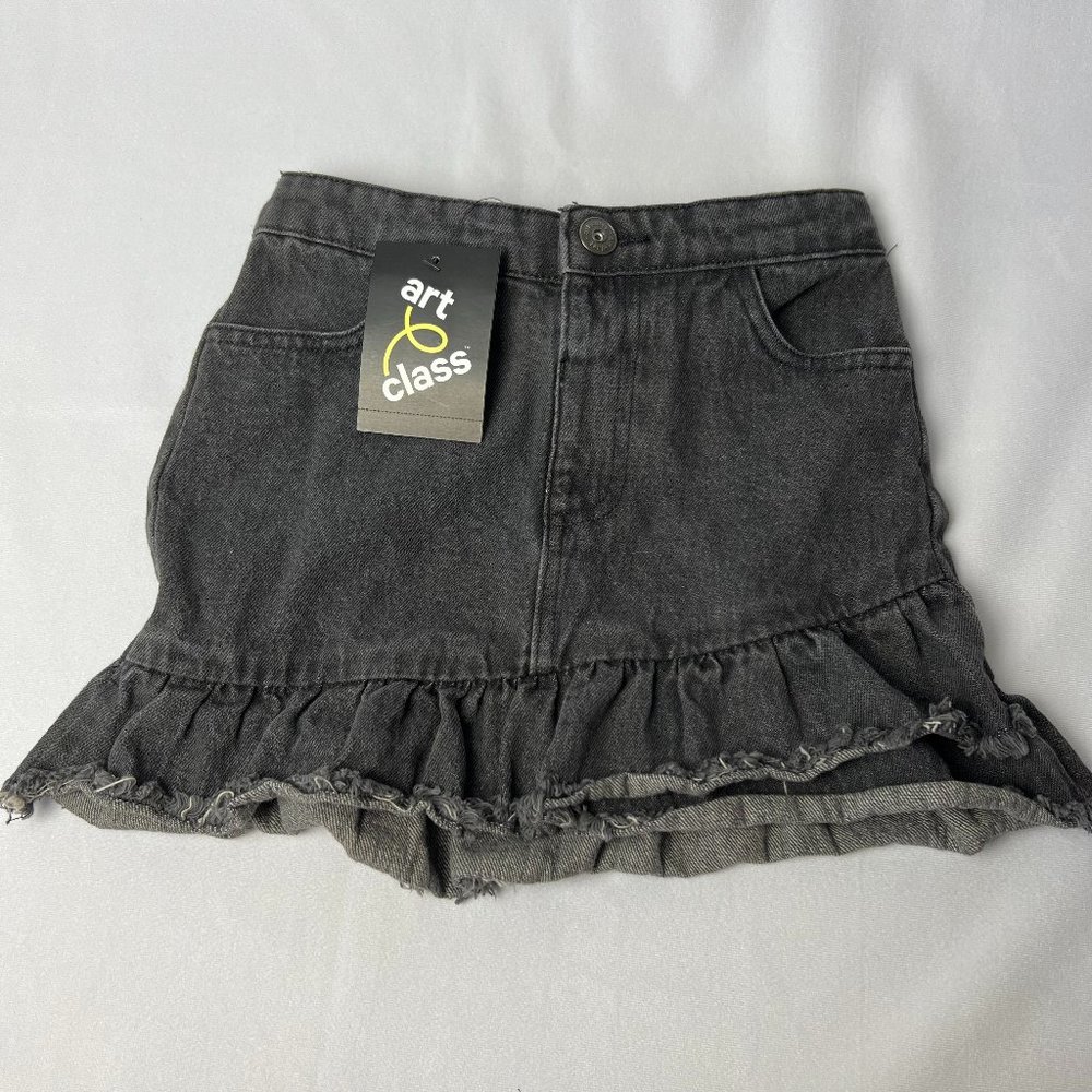 Art Class Girls Black Denim Skirt Sz 5T Elastic Waist Snap Closure Ruffled Hem